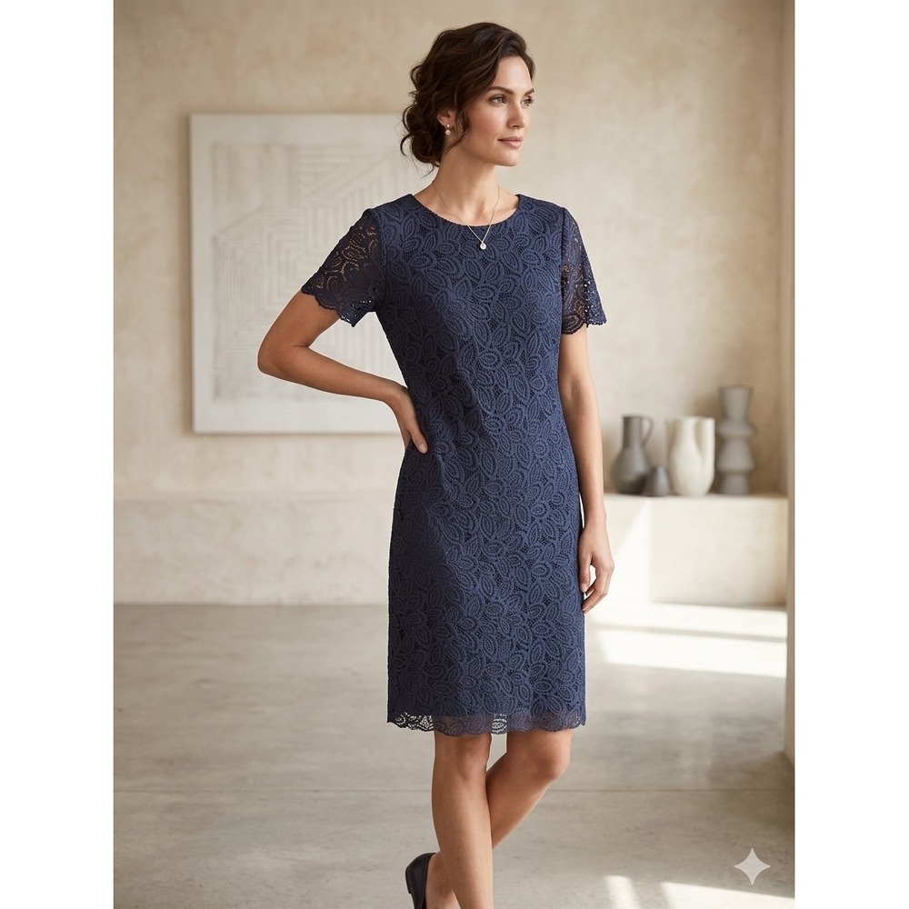 Ann Taylor Navy Blue Floral Lace Shift Dress Short Sleeve Scalloped Hem 8